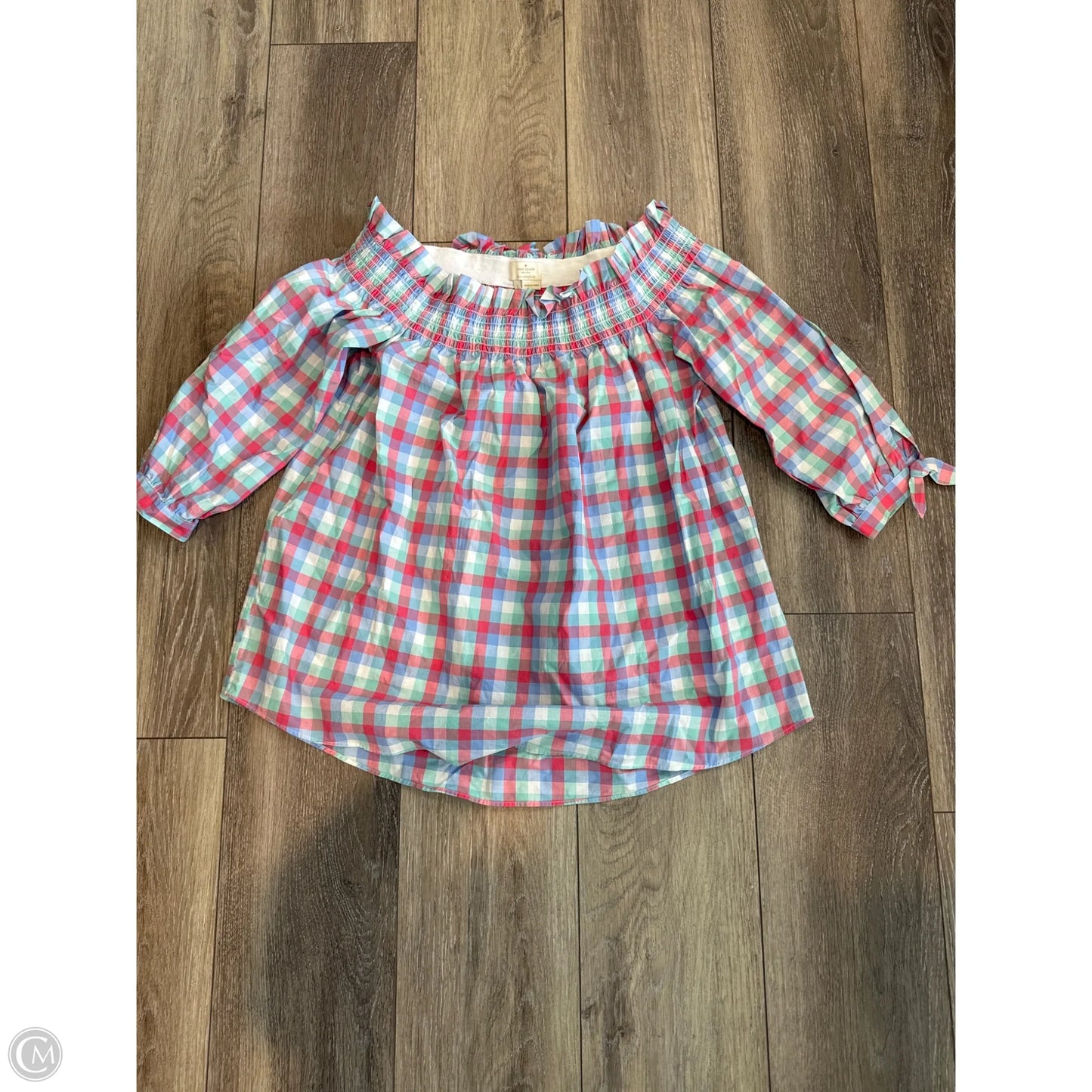 Top 3/4 Sleeve Designer By Kate Spade In Plaid Pattern, Size: S
