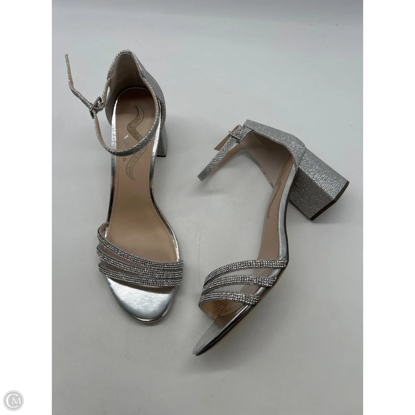 Sandals Heels Block By Clothes Mentor In Silver, Size: 9.5