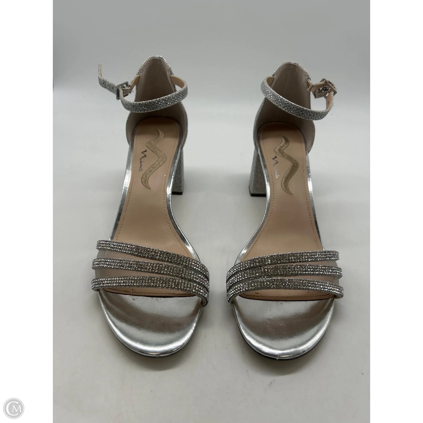 Sandals Heels Block By Clothes Mentor In Silver, Size: 9.5