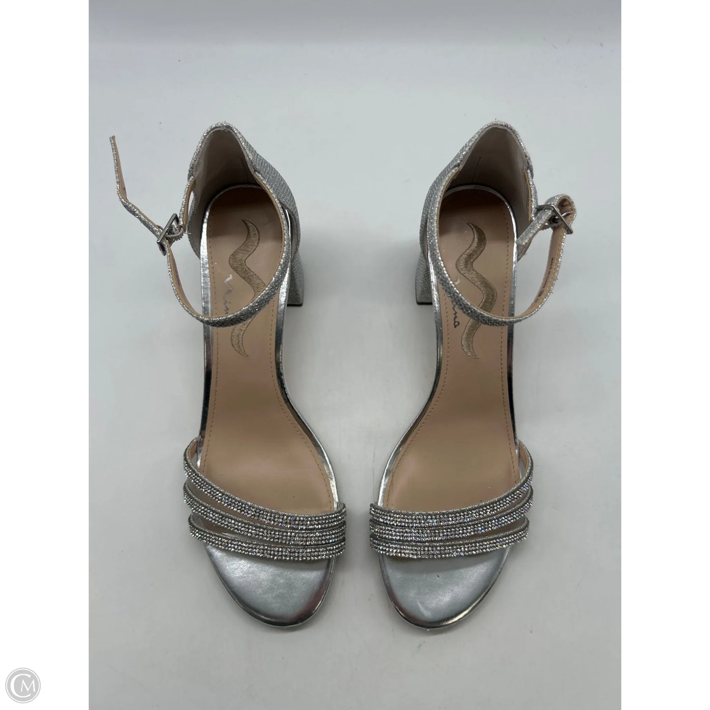 Sandals Heels Block By Clothes Mentor In Silver, Size: 9.5