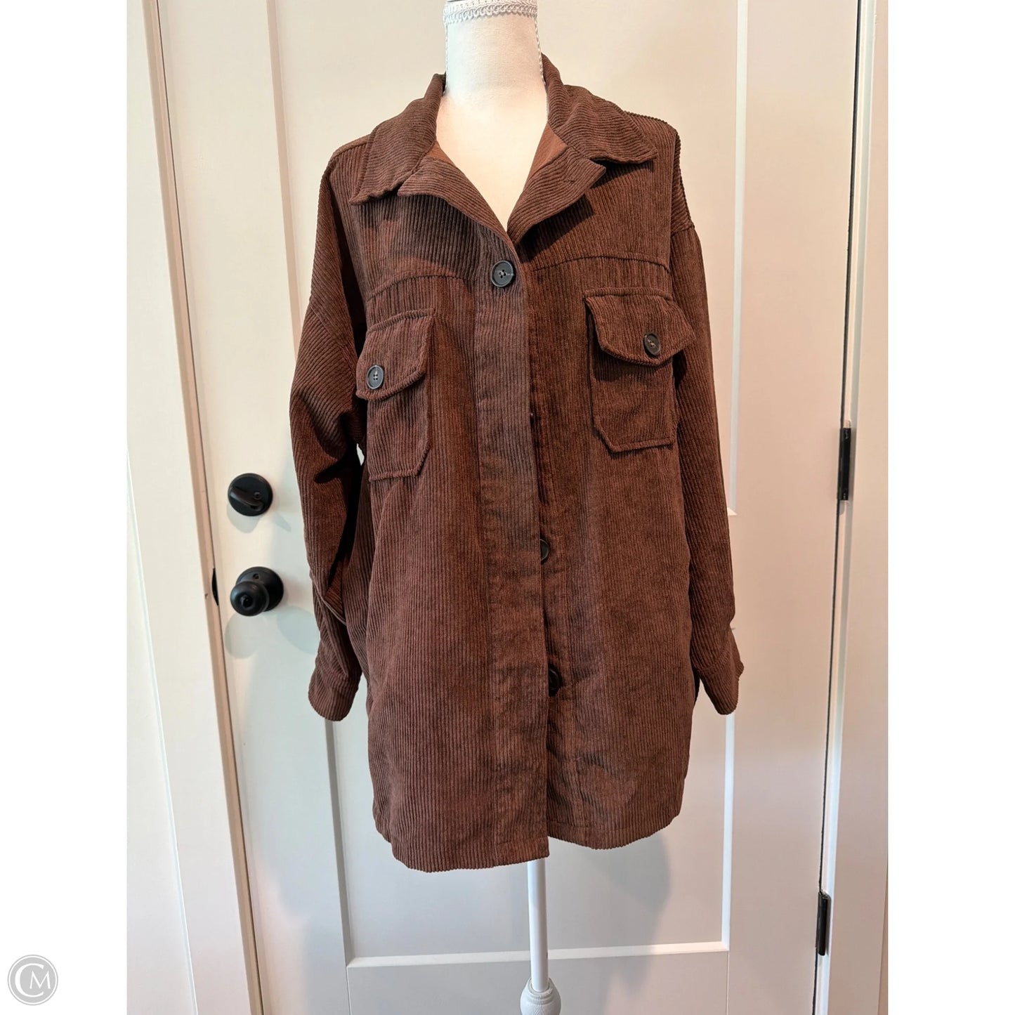Jacket Shirt By Zenana In Brown, Size: L