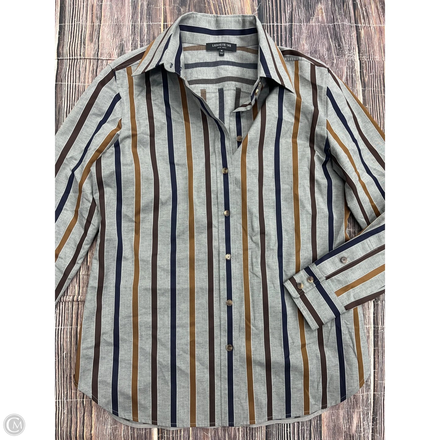 Top Long Sleeve Designer By Lafayette 148 In Grey, Size: M